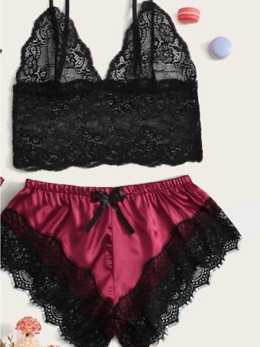 Black Lace Bralette & Burgundy Satin Lace-Trim Shorts Sleep Set